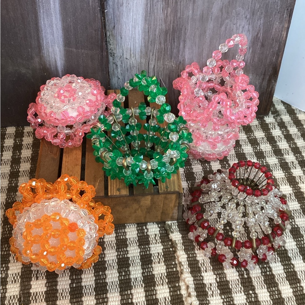 Colorful Beaded Handmade Baskets & Bins Holiday Decor MCM Glitzy Retro